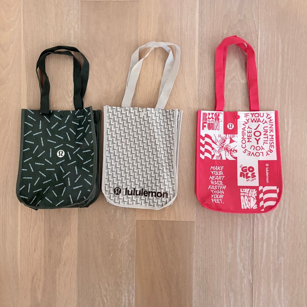 Lululemon (3) Reusable Tote Bags Yoga Red Green Gray